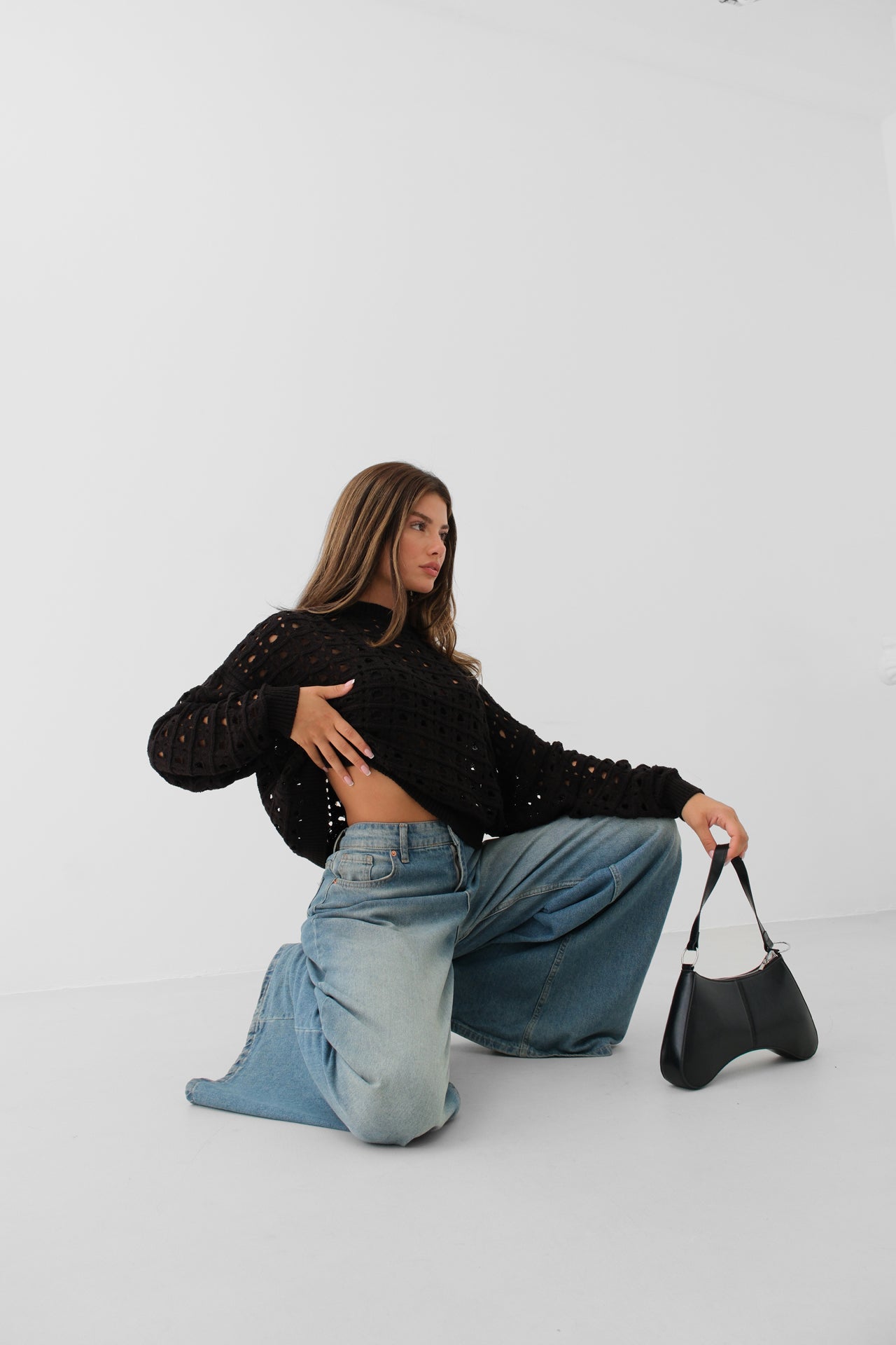 Openwork Crew Neck Knitted Sweater - Black