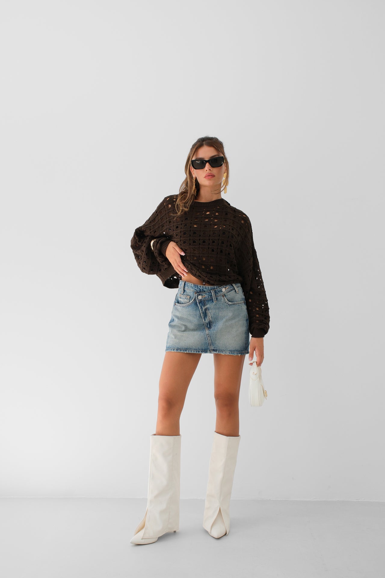 Openwork Crew Neck Knitted Sweater - Brown