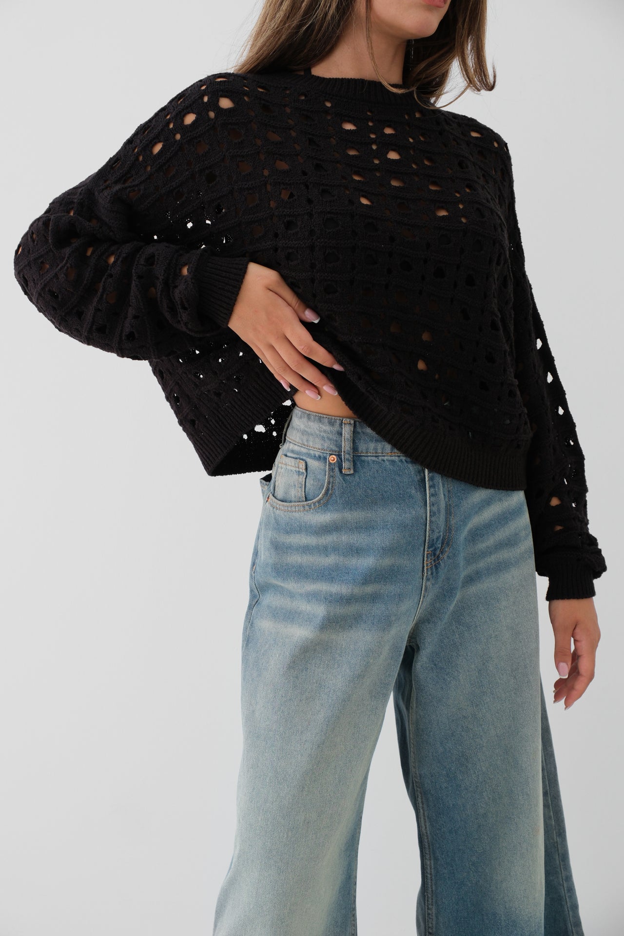 Openwork Crew Neck Knitted Sweater - Black