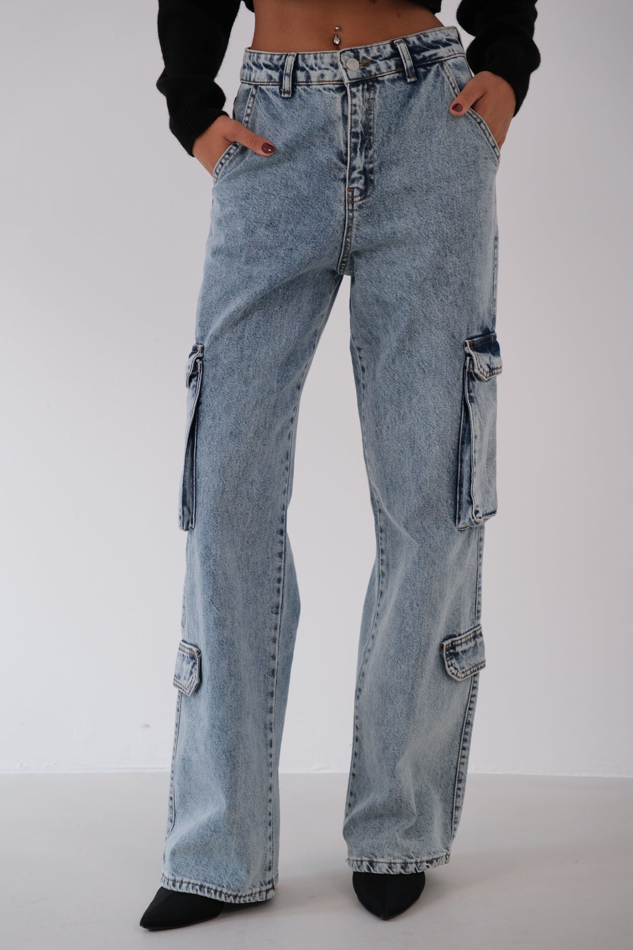 Cargo Pocket Jeans Trousers - Light Blue