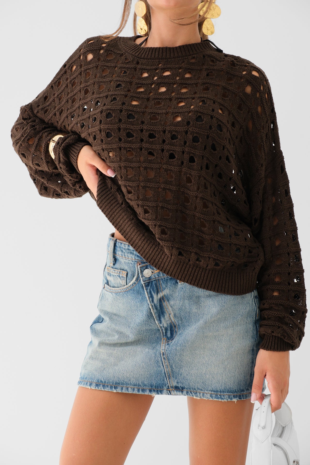 Openwork Crew Neck Knitted Sweater - Brown
