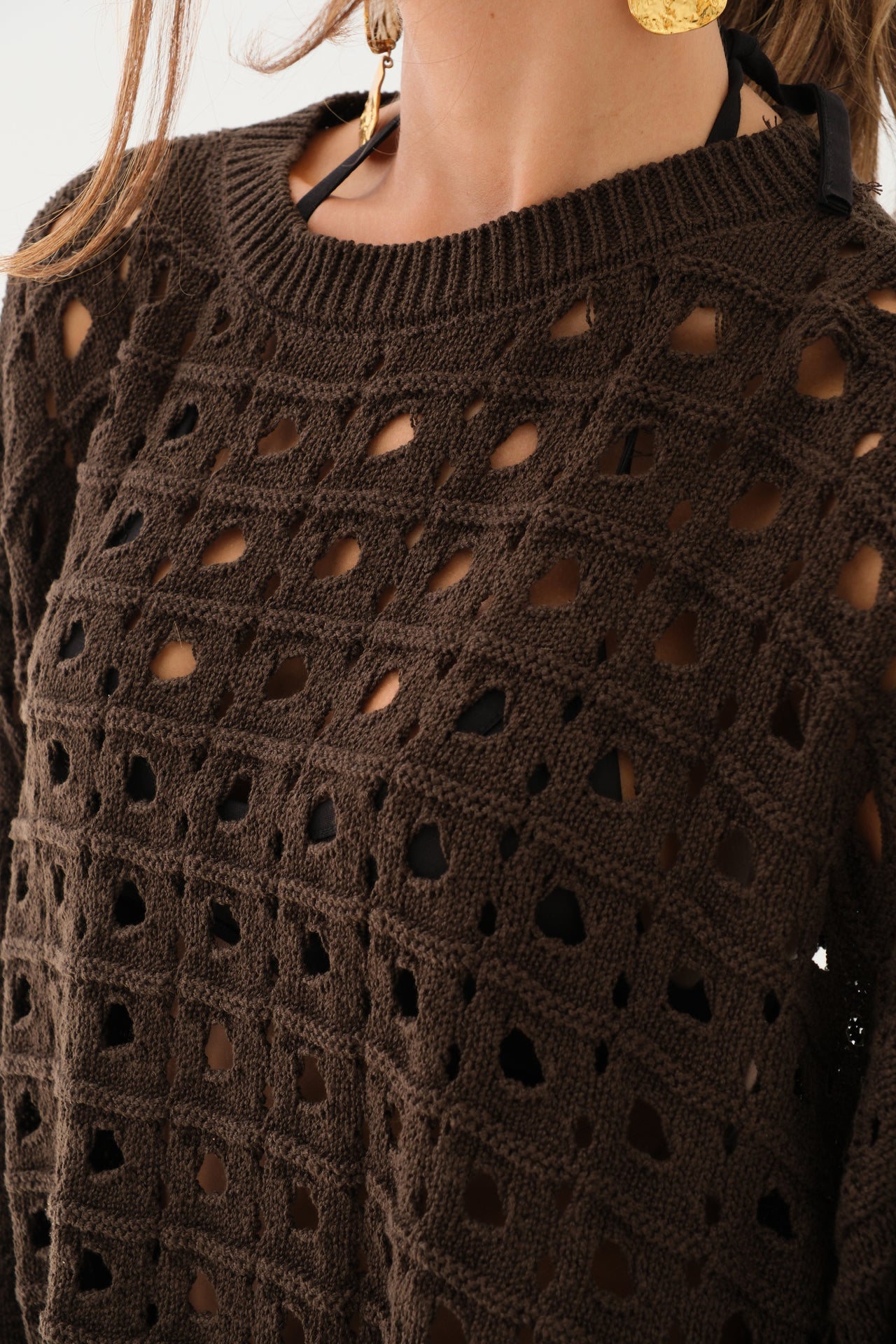 Openwork Crew Neck Knitted Sweater - Brown