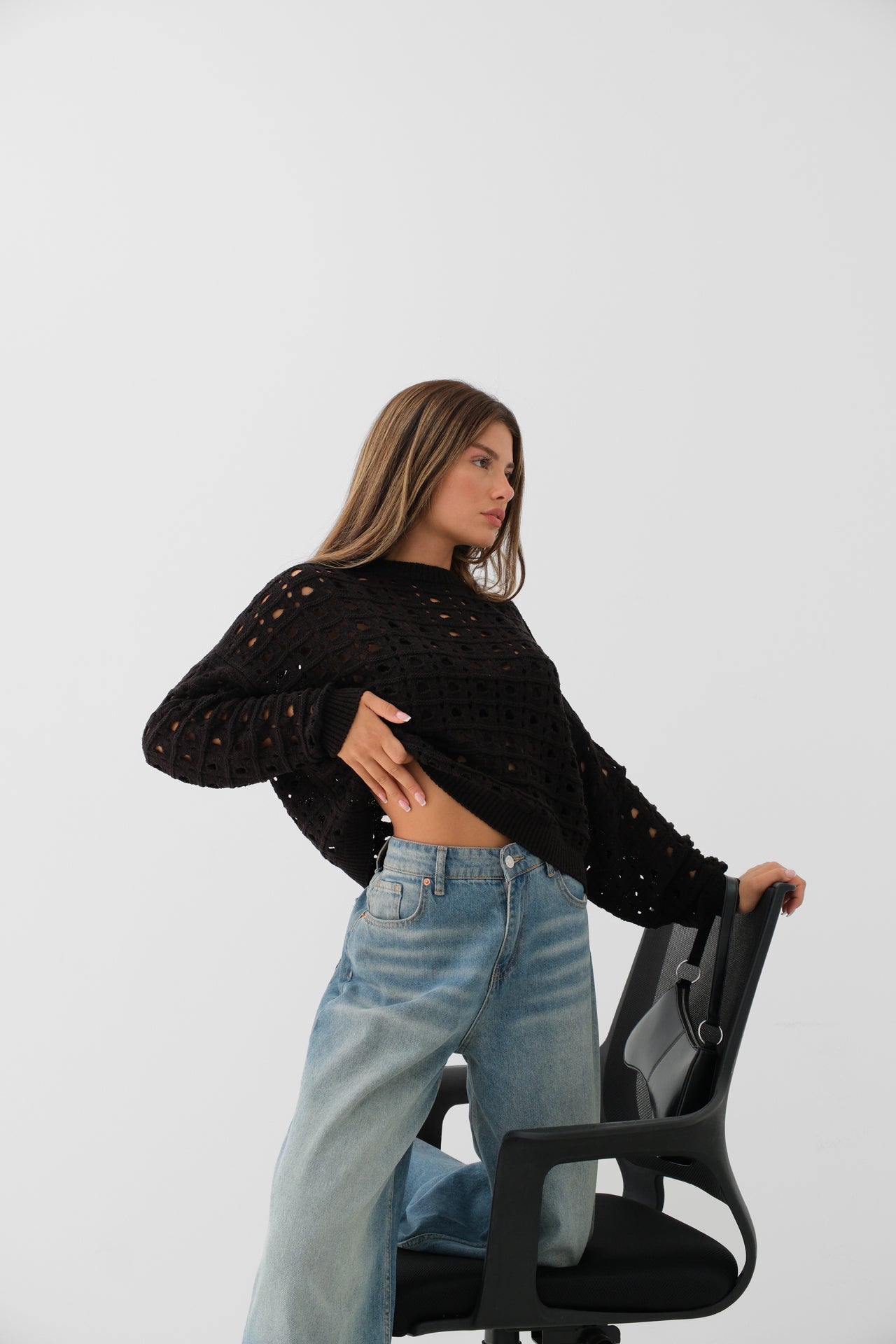 Openwork Crew Neck Knitted Sweater - Black