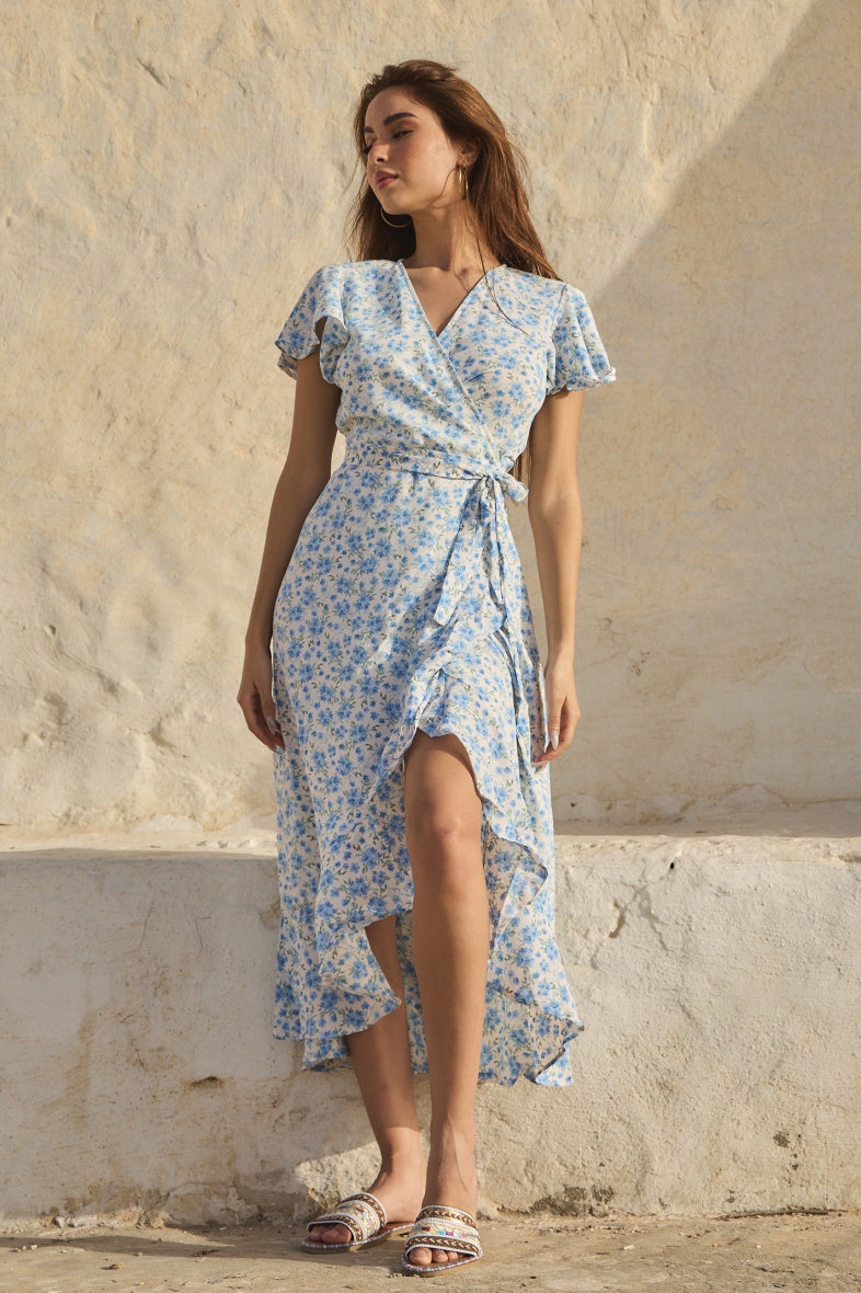 FLORAL PRINT WRAP MID DRESS