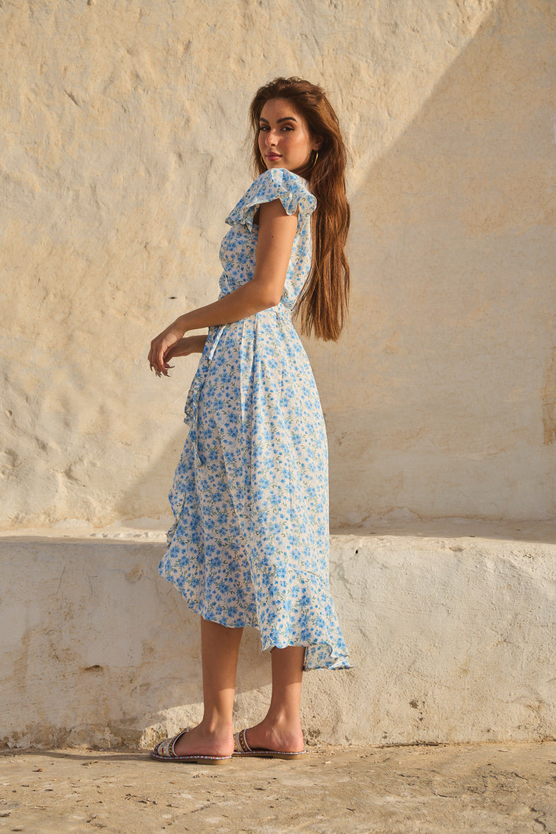 FLORAL PRINT WRAP MID DRESS