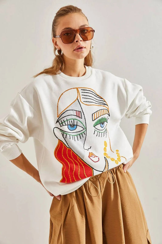 Thread Raised Print Crewneck Sweatshirt