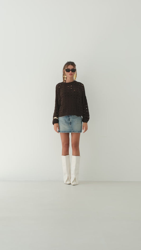 Openwork Crew Neck Knitted Sweater - Brown